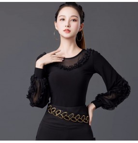 Women black lace ballroom latin dance shirts for girls female waltz tango foxtrot smooth dance long sleeves blouses for female